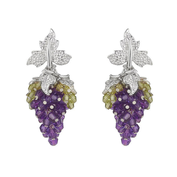 Purple Amethyst grape earrings with four small silver leaves and one large leaf stud.