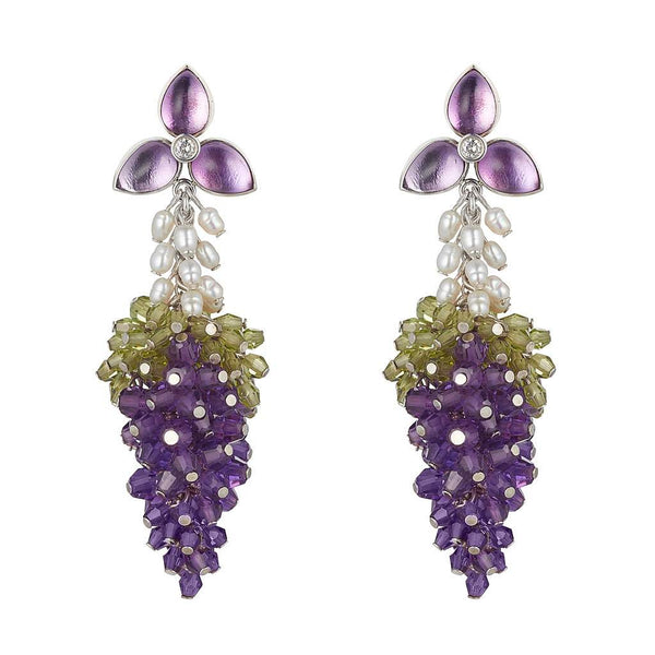 Purple Amethyst grape earrings with green Peridot leaves, pearls and a purple Amethyst  flower ear stud