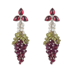 Red Garnet grape earrings with green Peridot leaves, pearls and a red Garnet flower ear stud