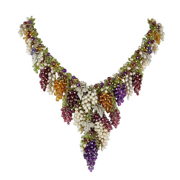 Multi coloured stone necklace with bunches of grapes and pearls with silver grape leaves.