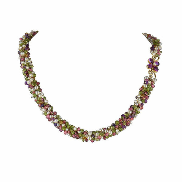 Multi coloured stone necklace made in gold with purple flower and diamond.