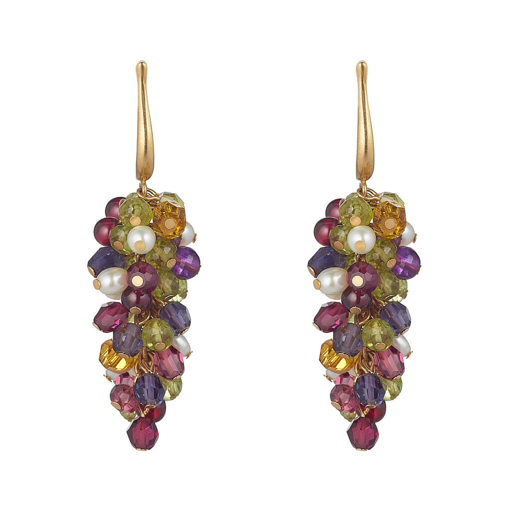 Grape drop earrings with multi coloured stones made with gold