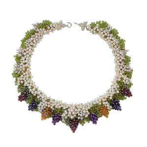 Silver collar with green gem leaves, pearls and multi coloured gem berries.