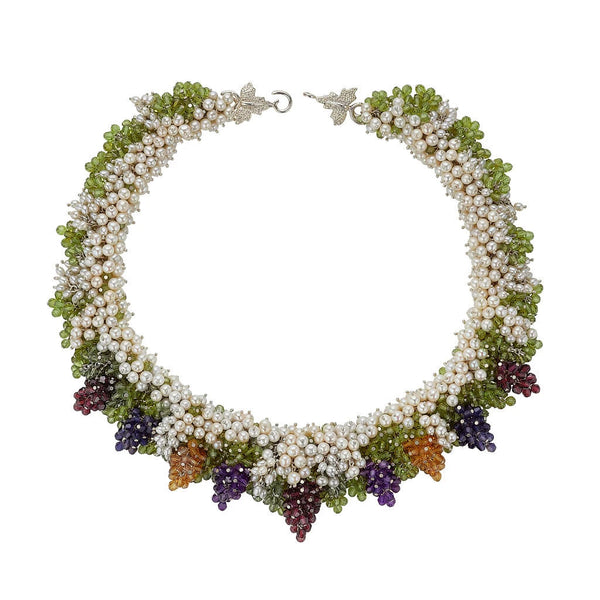 Silver collar with green gem leaves, pearls and multi coloured gem berries.