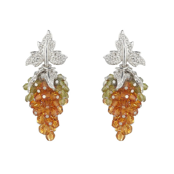 Yellow Citrine grape earrings with four small silver leaves and one large leaf stud.