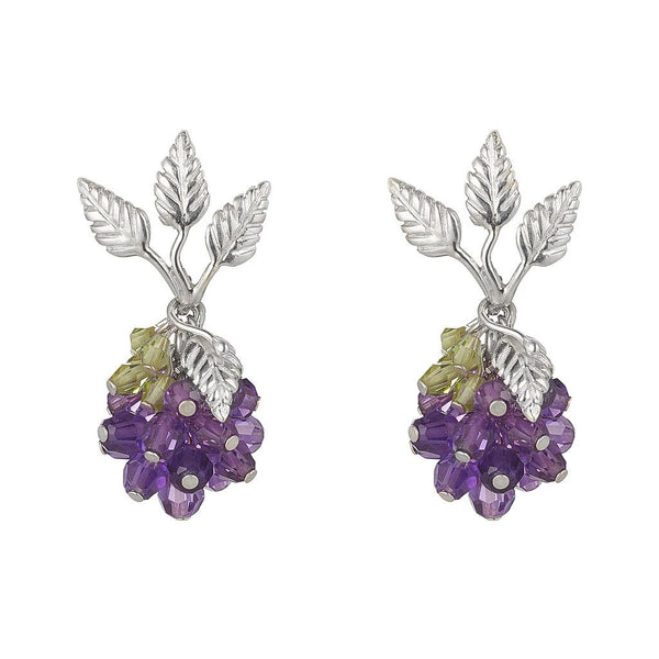 Purple Amethyst berry earrings with silver leaf and silver stud with three leaves. 
