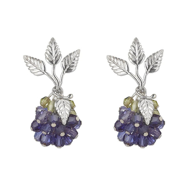 Blue Iolite berry earrings with silver leaf and silver stud with three leaves.