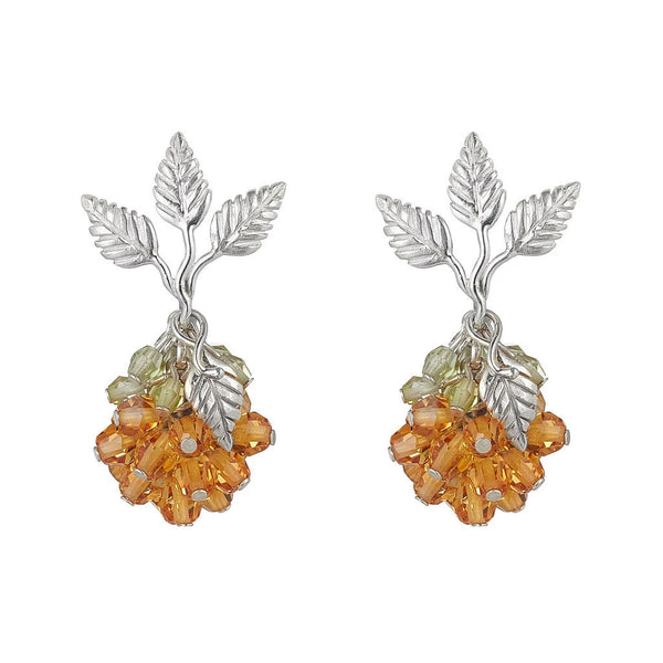 Yellow Citrine berry earrings with silver leaf and silver stud with three leaves.