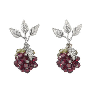 Red Garnet berry earrings with silver leaf and silver stud with three leaves.